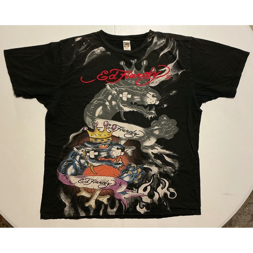 VTG Y2K Ed Hardy Panther AOP Black Dragon Tattoo Distressed T Shirt Men 2XL